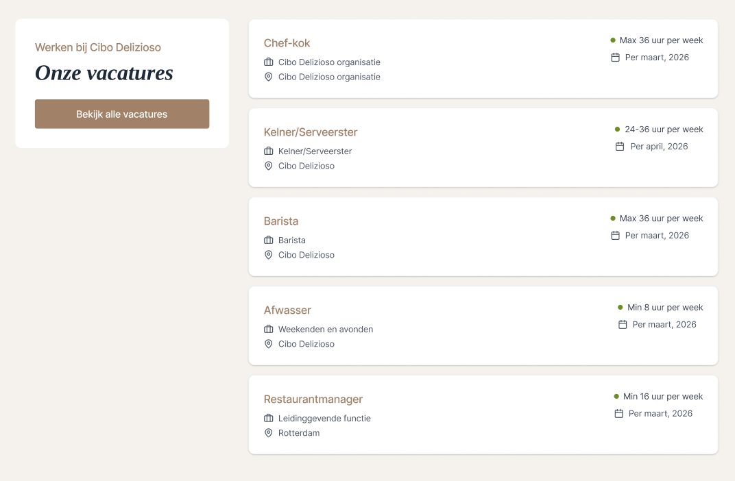 Een screenshot van de overzichtpagina met alle vacatures onder elkaar